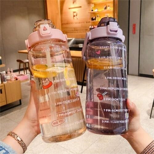 2L Sports Straw Water Bottle Portable Large Capacity Fitness Cup Summer Water Jug with Time Scale