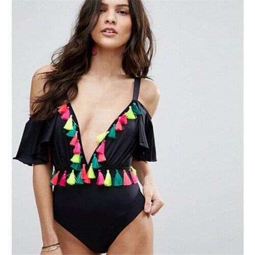 2018 Sexy One Piece Swimsuit Women Deep V Bikini New Design Tassels Swimsuit Off Shoulder Swimwear Lotus Leaf Bathing Beachwear