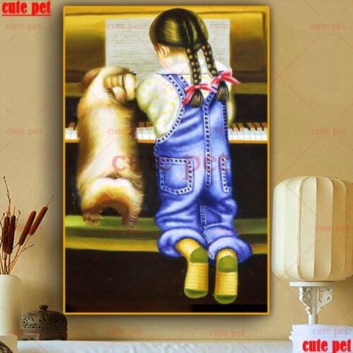 5D Little girl and dog Cross Stitch puzzle diamond painting square round drill mosaic picture of rhinestones embroidery Decor