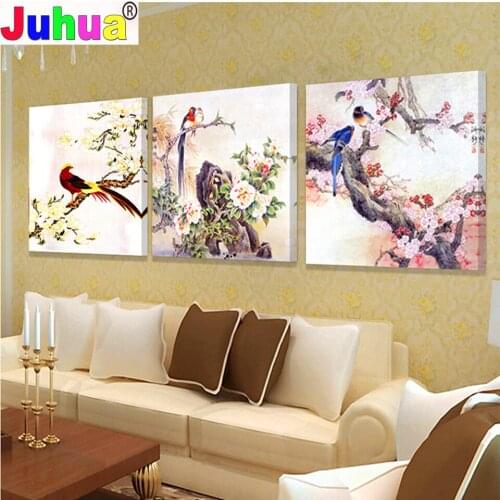 Flowers and birds 5d Diy Diamond Painting Full Square Round Diamond Embroidery Mosaic Needlework Triptych home decoration AA2759