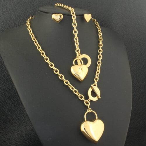 Free Shipping Stainless Steel Vintage Jewelry Gold Color Heart Necklace Bracelet Earrings Sets For Woman Gift SFGZBKCF