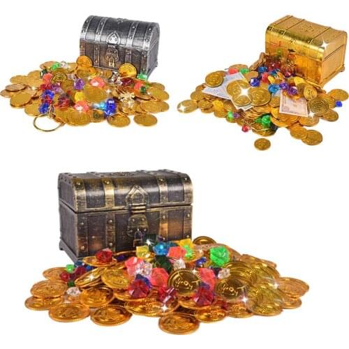 Children Treasure Hunting Box pirate coins Treasure Box Electroplated Retro Plastic Box Toy Gold Coins and Pirate Gems Jewelry
