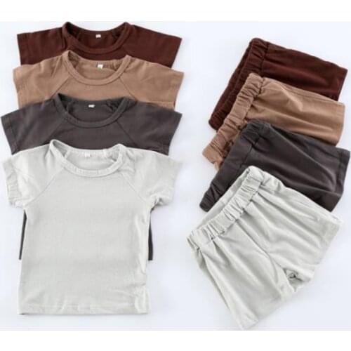 Kids Sports Suit 2021 Summer New Simple Thin Solid Color Pullover Boys and Girls Baby Cotton Short Sleeve Shorts Two Pieces