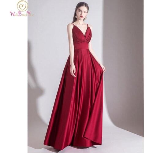 Deep V Neck Burgundy A Line Long Prom Dresses 2020 Satin Vestidos De Gala Sexy Backless New Evening Party Gown Dress Custom made