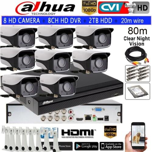 DAHUA 1080P IR CVI Security camera HAC-HFW2208M-I2 bullet camera 8CH HCVR5108HS-S3 HDCVI CCTV CVI camera kit HDD with 20m cable