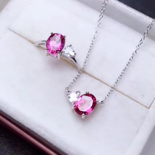 Fashion Pink Topaz gemstone ring and necklace jewelry set for women real 925 silver natural gem pink color girl annivasary gift