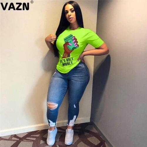 VAZN Summer New 2020 Elegant Cartoon T-Shirt Short Sleeve Loose Sexy V-neck T-shirt High Street Hip Pop Sexy Shirt