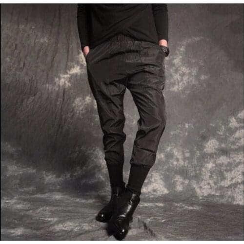 Hot New Spring Men Fashion Slim Casual Pants Elastic Rib Top Beam Patchwork Pants All-match Trousers Tide Black Harem Pants
