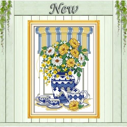 Afternoon tea time Flowers vase Painting Decor 11CT Counted print on canvas DMC 14CT Cross Stitch kits embroidery needlework Set