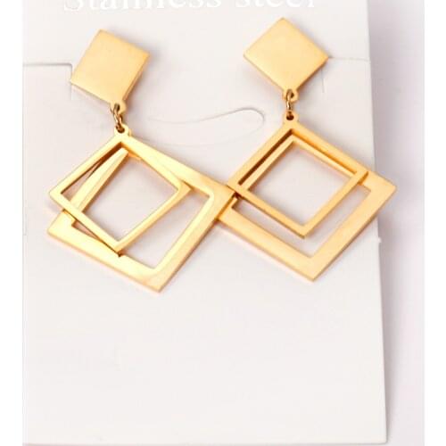 Wholesale Classic Style Gold Color Double Square Drop Earrings Party Stainless Steel Push Back Earring Fashion Jewelry Collier