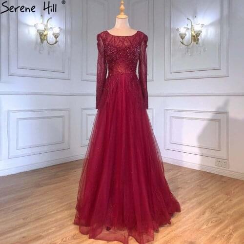 Serene Hill Muslim Wine Red A-Line Evening Dresses Gowns 2021 Luxury Beaded For Women Wedding Party LA71375