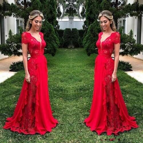Gorgeous Lace Long prom Dresses For Wedding Red Deep Neck Cap Sleeve Maid Of Honor Gowns Chiffon Floor Length evening dress 2020