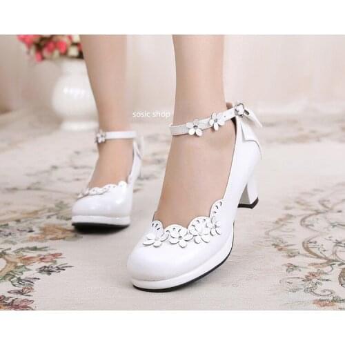 Japanese tea party sweet lolita shoes vintage round head high heel women shoes cute lace flower kawaii shoes loli cosplay
