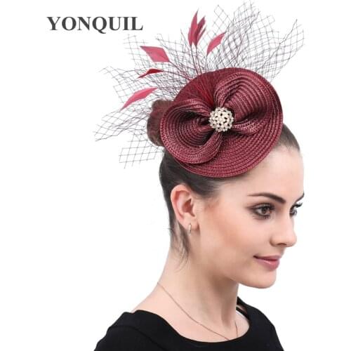 Ladies Wine Red Cocktail Church Fascinators Accessories Hair Clips Headwear Feather Flowers Decoration Hairpins Party Headpieces