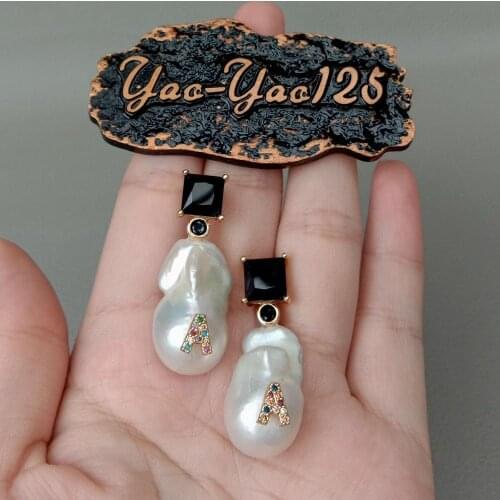 Cultured White Baroque freshwater Pearl Black Cz Rhinestone pave Stud Earrings gold color plated Women Luxury Jewelry
