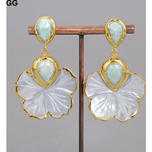 GG Jewelry Natural White Mother Of Pearl Shell Carved Flower Amazonites Stud Dangle Earrings Trendy Style For Women