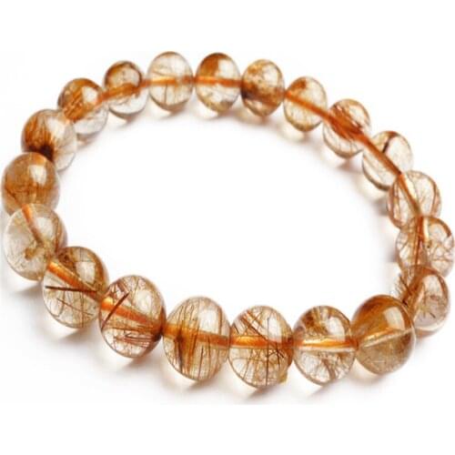 10mm Natural Genuine Copper Hair Rutilated Quartz Bracelet For Women Femme Transparent Round Crystal Bead Stretch Charm Bracelet