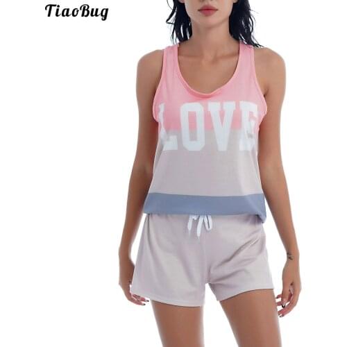 TiaoBug 2Pcs Women Summer Casual Suit U Neck Sleeveless Letters Print Racer Back Vest Top And Shorts Set For Running Gym Yoga
