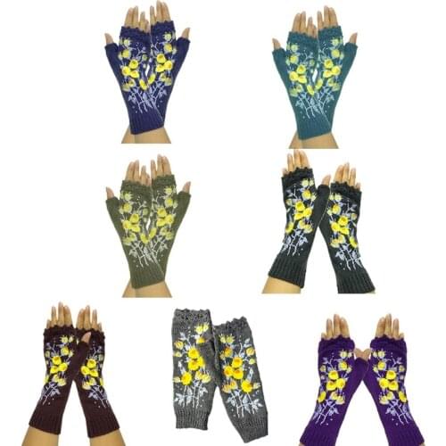 Women Autumn Knitted Lengthen Wrist Fingerless Gloves Sweet Small Yellow Floral Embroidery Thumbhole Mittens Arm Warmers