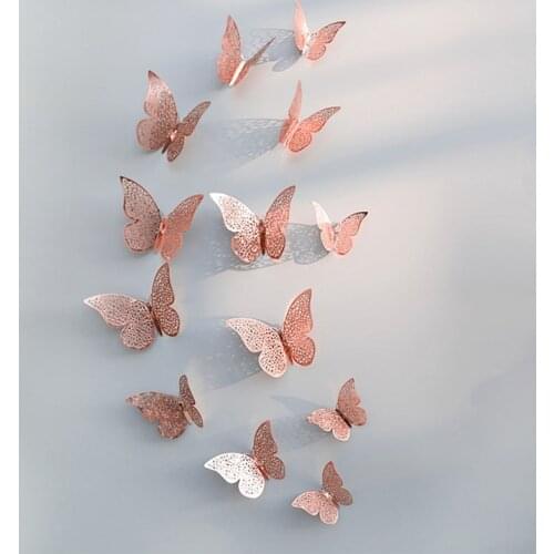 12pcs Beautiful Rose Gold Silver Wall Stickers 3D Hollow Butterfly Wall Decal For Wedding Birthday Party Home Room Decoration