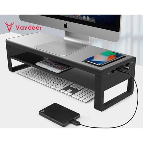 Vaydeer 2 Tiers Aluminum Monitor Stand with Wireless Charging and 4 Ports USB 3.0 Hubs Support Data Transfer