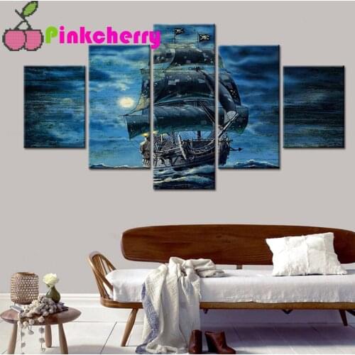 5d diy diamond painting 5 Piece Sea Rover Pirate Sailboat Classic Moon embroidery full square round diamond mosaic,crystal k1212
