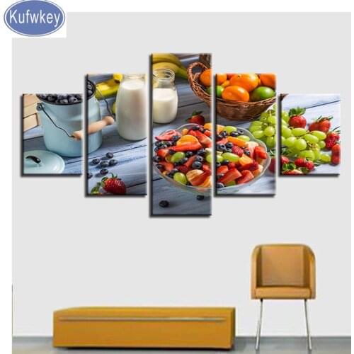 5D diy Diamond Painting 5 Pieces Fruits Milk Food Cross Stitch Full diamond embroidery beaded diamond Mosaic pattern Kitchen art