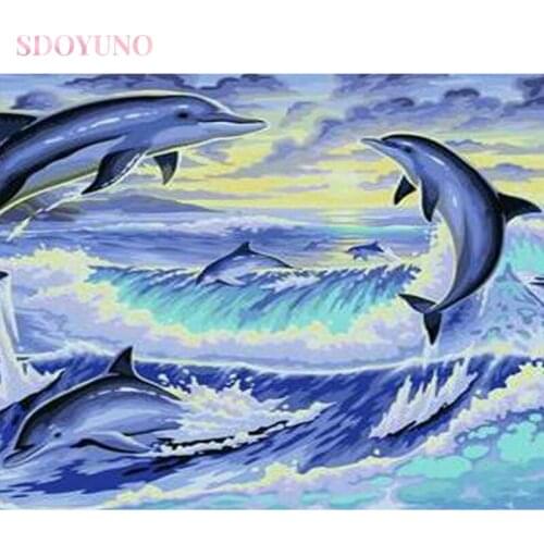 SDOYUNO Acrylic Painting By Numbers dolphin animals on canvas 40x50cm frameless diy pictures by numbers oil paint kits HandPaint