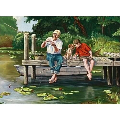 Diamond Mosaic Diy Diamond Embroidery Old Man And Child Are Fishing Diamond Painting Cross Stitch Floral Rhinestone Decorations