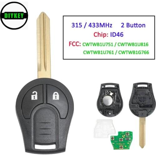 DIYKEY 2 Button 315/433MHz ID46 Chip Remote Car Key Fob for Nissan Quest Altima 350Z Maxima 2002-2006 FCC ID: CWTWB1U751(761)