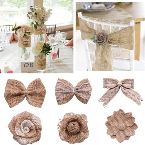 DIY Jute Burlap Decorations Vintage Natural Bow Ties Burlap Hessian Flowers Wedding Valentine Decor Supplies