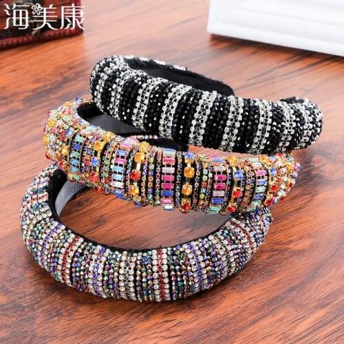Haimeikang Thick Sponge Velvet Hairbands Luxury Colored Rhinestones Wild Gorgeous Headband Bride Fashion Hair Bands Accessories