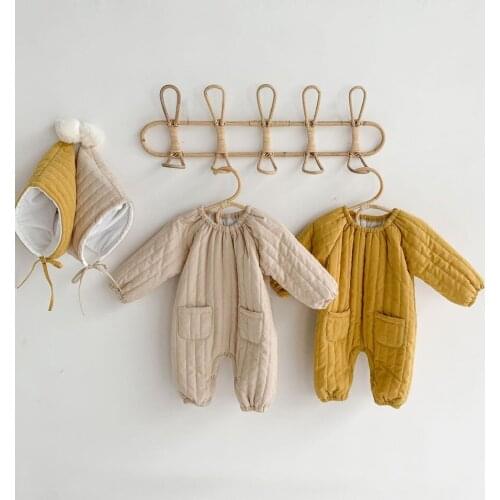 Autumn Winter Kids Boy Girl Long Sleeve Thicken Rompers Clothes Newborn Infant Baby Boys Girls Pure Color Rompers Hat Clothing