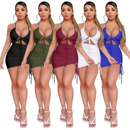 Echoine Lace Up Halter Crop Top Drawsting Pleated Mini Skirt Set Women Two Piece Set Clubwear Outfits Matching Set Summer