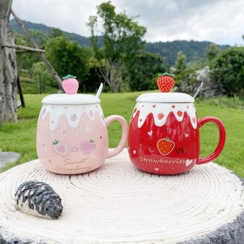400ml Japanese Style Cartoon Cute Strawberry Ceramic Cup Creative Mug Ins Water Cup with Lid Spoon Couple Cup Cute Pink Red
