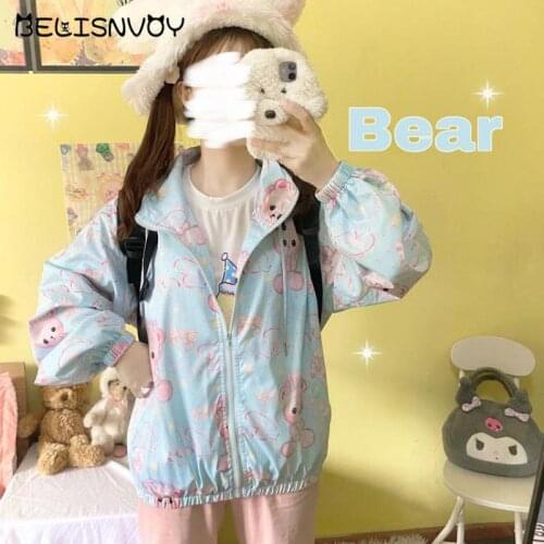 Japanese Sweet Lolita Thin Jackets Women Spring Autumn Loose Cute Cartoon Baby Bear Printed Zipper Hooded JK Kawaii Outerwear