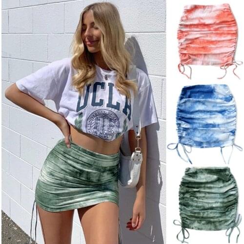 Summer Women Knitted Ruched Mini Skirt Bandage Drawstring Tie Dye High Waist Short Pencil Skirt Elastic Skirts Women Streetwear