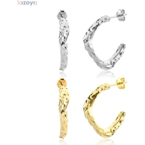 Lozoya New 925 Sterling Silver Rock Punk Thick Gold Irregular Geometric Hoops Piercing Round Hoop Pendiente Clips Jewelry