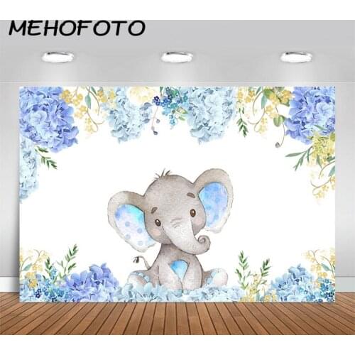 MEHOFOTO Boy Elephant Baby Shower Backdrop Light Blue Flower Elephant Photography Background Birthday Party Banner Backdrops