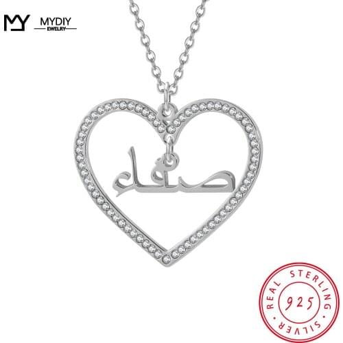 MYDIY Personalized 925 Sterling Silver Arabic Name Necklace Custom Letter Pendant Shiny Full Zircon Women Unique Summer Gift