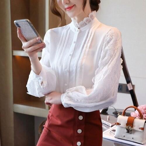 Autumn new white female chiffon shirt long-sleeved blouse Western style all-match lantern sleeve shirt