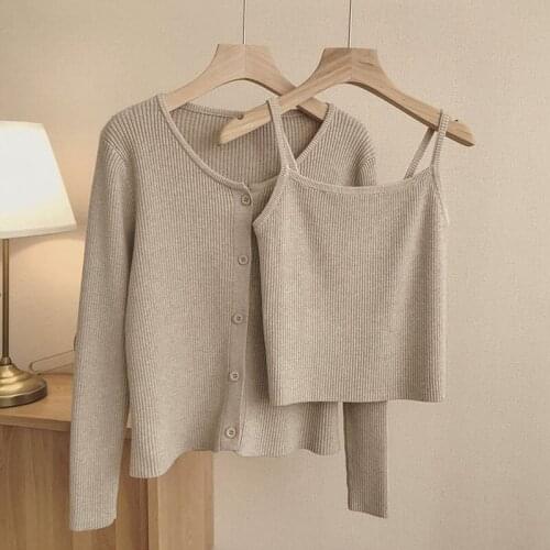 2021 Autumn Casual Korean-Style Womens Khaki O-Neck Slim-Fit two-pieces Knitted Sweater Cardigan women