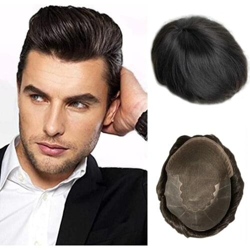 BYMC European Virgin Human hair Toupee For Men with 8x10 inch Soft French Lace Cap with 2inch clearly PU in Back