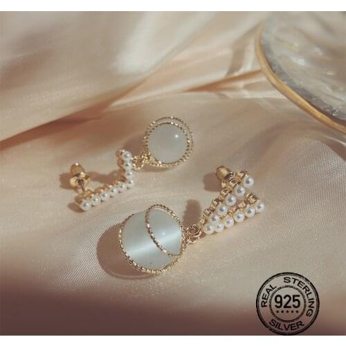 925 Sterling Silver Needle Earrings For Women Gold Pearl Baroque Asymmetric Geometric Fashion Anti-Allergic Design Lady Jewelry