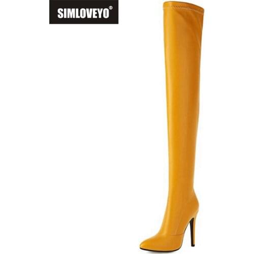 SIMLOVEYO Sexy Luxury Party Over Knee High Boots PU Leather Zipper Pointed Toe 12cm Stileeto Heel Ladies Plus Size 49 S2464