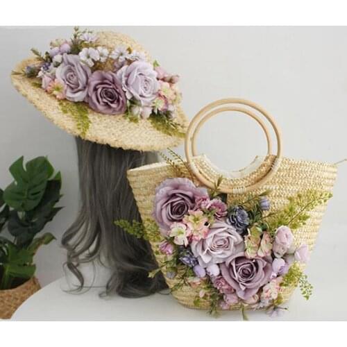 2021 NEW Flowers Straw Bags Women Casual Beach Bags Raffia Hat Female Summer Handmade Knitting Weave Handbags with Wooden Handle