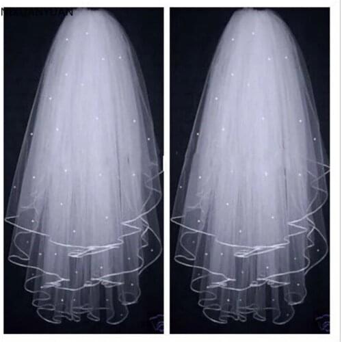 High Quality Soft Bridal Illusion White/Ivory 3T Ribbon Edges with Pearls Bridal Wedding Veils