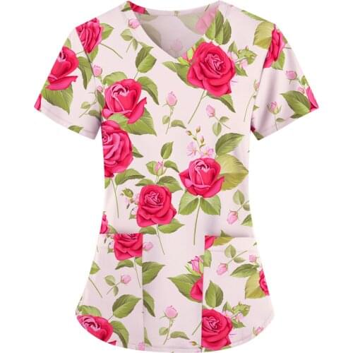 Women Blouse Short Sleeve V-neck Clinic Clothing Floral Pattern Tops With Pocket Nursing Working Uniform Casual Soft Shirts 2021