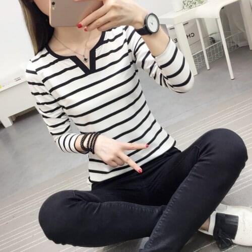 DAXIN Women T-shirts Classic Cotton Striped Color Winter T-Shirt Women V-neck Casual Full Sleeve T-shirt