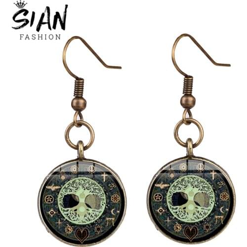 SIAN Unique Rune Design Retro Life Tree Earrings Moon Pentagram Hanging Earring Bronze Silver Plated Punk Gothic Amulet Jewelry